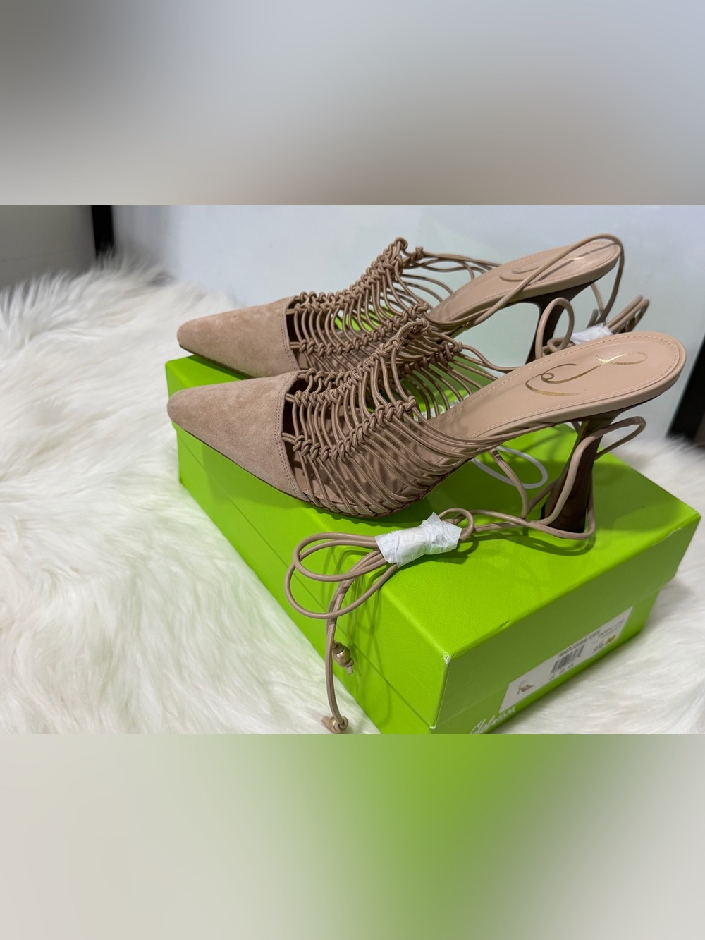 New Sam Edelman Trinity Taupe Woven Lace-Up Pointed-Toe Mules heels 9.5